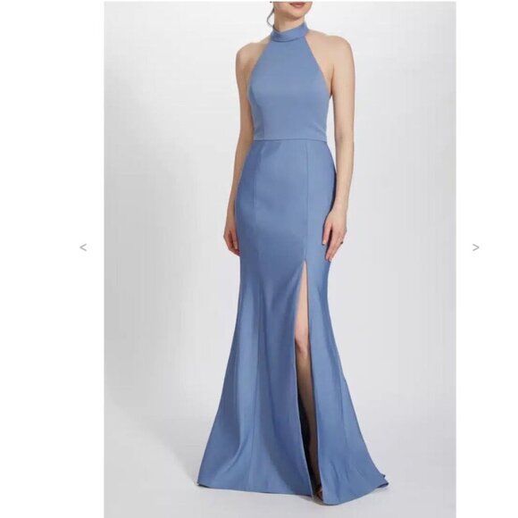 Amsale Shanice Blue Halter Neck Gown Size 8 With Front Slit & Back Zipper Closur - Picture 1 of 9
